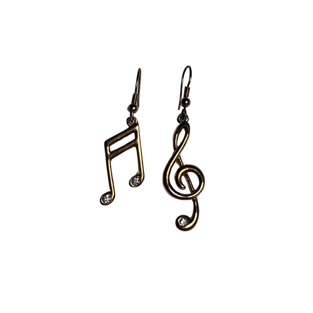 Vintage Gold Tone Treble Clef Notes Musical Dangle Drop Earrings French Hooks